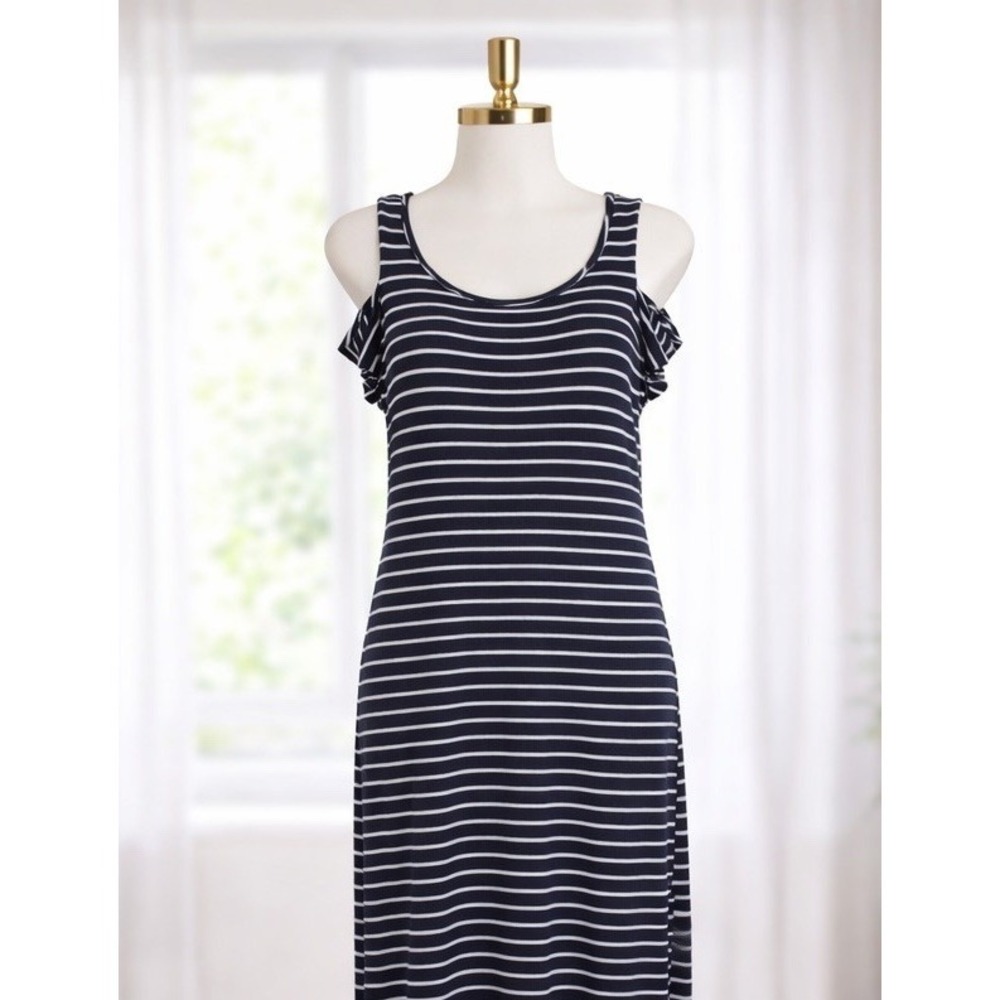 Athleta Knit T-shirt Dress Navy Blue White Striped Cold Shoulder Nautical Size M - Picture 2 of 10
